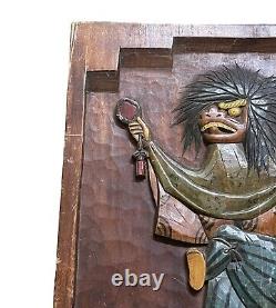 Japanese Oni Monk Demon Hand Carved Wood Marquetry Art Panel Signed RARE