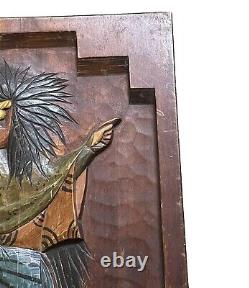 Japanese Oni Monk Demon Hand Carved Wood Marquetry Art Panel Signed RARE