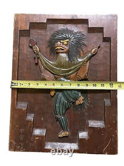 Japanese Oni Monk Demon Hand Carved Wood Marquetry Art Panel Signed RARE