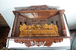 LARGE french wood carved religious last supper sculpture wall plaque panel rare