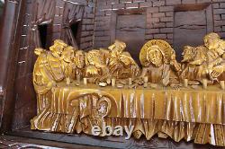 LARGE french wood carved religious last supper sculpture wall plaque panel rare