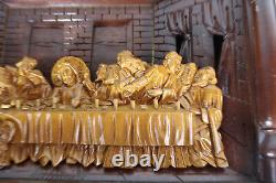 LARGE french wood carved religious last supper sculpture wall plaque panel rare