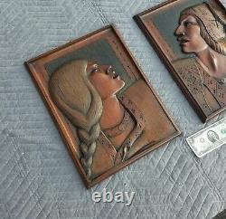 LG J RAMIREZ Carved Wood Plaque Panel Native American Indian Man/Woman-Bolivia