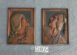 LG J RAMIREZ Carved Wood Plaque Panel Native American Indian Man/Woman-Bolivia