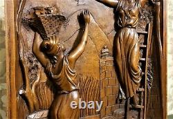 Lady grape harvest vine scene carving panel Antique french architectural salvage