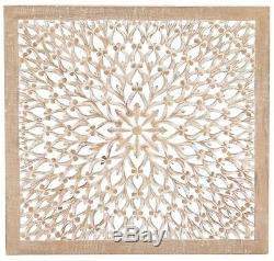 Large 3-D Wall Art Sculpture Panel Carved Wood Floral Detail, Distressed Brown