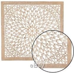 Large 3-D Wall Art Sculpture Panel Carved Wood Floral Detail, Distressed Brown