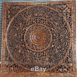 Large 6ft Brown Stained Lotus Teak Wood Carving Home Wall Panel Art Mural Decor