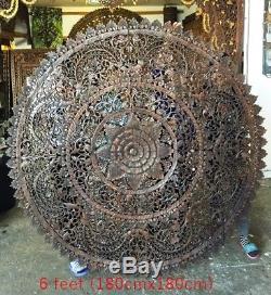 Large 6ft Round Stained Lotus Teak Wood Carving Home Wall Panel Art Mural Decor