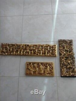 Large Antique Carved Wood Giltwood Oriental Temple Panel Long Old Art Pieces