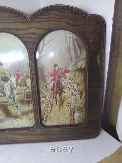 Large Antique Decor Ornate Carved Wood 3 Panel Picture Frame & Glass (Fox Hunt)