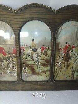 Large Antique Decor Ornate Carved Wood 3 Panel Picture Frame & Glass (Fox Hunt)