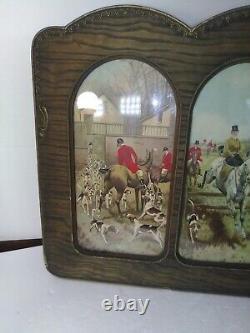 Large Antique Decor Ornate Carved Wood 3 Panel Picture Frame & Glass (Fox Hunt)