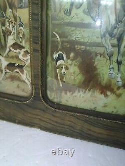 Large Antique Decor Ornate Carved Wood 3 Panel Picture Frame & Glass (Fox Hunt)