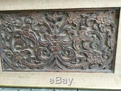 Large Antique Framed Burmese Carved Wood Panel Flowers Stems Decorative