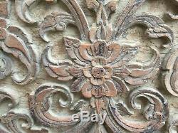 Large Antique Framed Burmese Carved Wood Panel Flowers Stems Decorative