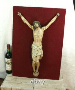 Large Antique religious wood carved polychromie Christ jesus on panel french