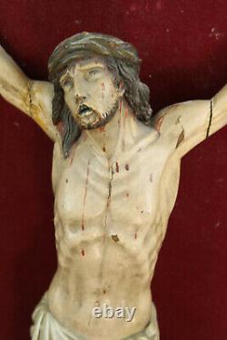 Large Antique religious wood carved polychromie Christ jesus on panel french
