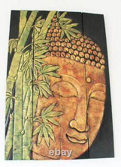 Large Buddha 3D Wooden Hand Carved Wall Art Plaque Hanging 4 Wood Picture Panels