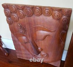 Large Carved Teak Wood Buddha Wall Panel