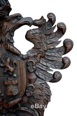 Large Carved Wood Crowned Gargoyles Eagles Armorial Crest Panel Shield