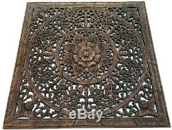 Large Floral Wood Carved Wall Panels. Asian Wood Wall Decor Plaque. Brown, 36