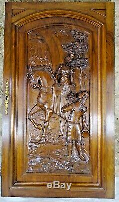 Large French Antique Architectural Carved Walnut Wood Door Panel Horsewoman
