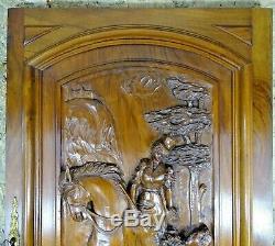 Large French Antique Architectural Carved Walnut Wood Door Panel Horsewoman