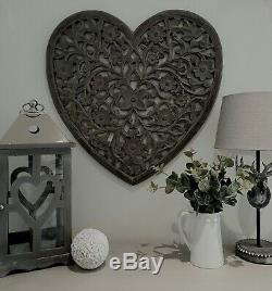 Large Grey Ornate Wooden Hand Carved Heart Wall Art Panel by Retreat 60cm x 60cm