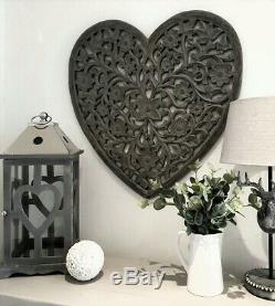 Large Grey Ornate Wooden Hand Carved Heart Wall Art Panel by Retreat 60cm x 60cm