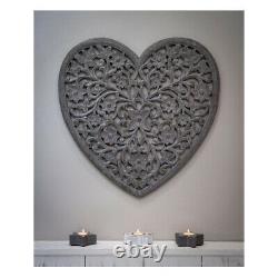 Large Hand Carved Distressed Grey Mango Wood Art Heart Wall Panel Decoration