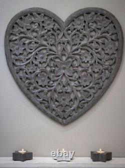 Large Hand Carved Distressed Grey Mango Wood Art Heart Wall Panel Decoration