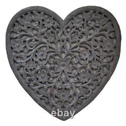 Large Hand Carved Distressed Grey Mango Wood Art Heart Wall Panel Decoration