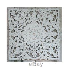Large Hand Carved Distressed White Mango Wood Art Square Wall Panel Decoration