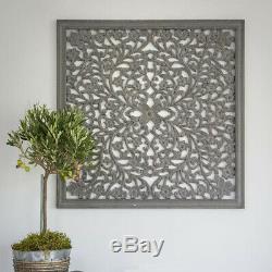 Large Hand Carved Grey Ornate Mango Wood Art Square Wall Panel Decoration