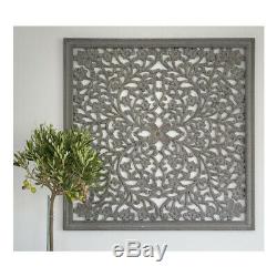 Large Hand Carved Grey Ornate Mango Wood Art Square Wall Panel Decoration