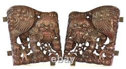 Large Pair of Antique Chinese Wood Carving / Carved Panel w Foo Fu Dog, 19th c