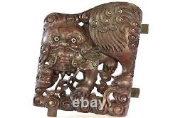 Large Pair of Antique Chinese Wood Carving / Carved Panel w Foo Fu Dog, 19th c