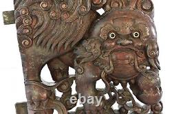 Large Pair of Antique Chinese Wood Carving / Carved Panel w Foo Fu Dog, 19th c