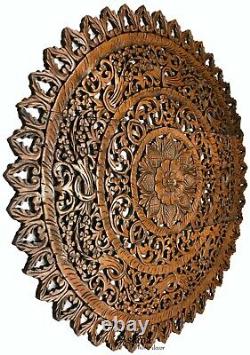 Large Round Carved Wood Floral Wall Art Panel. Rustic Home Decor Asian Inspired