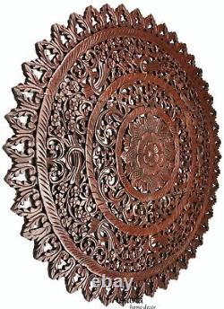 Large Round Carved Wood Floral Wall Art Panel. Rustic Home Decor Asian Inspired