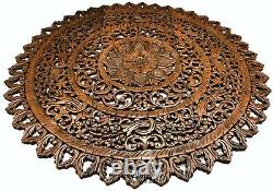 Large Round Carved Wood Floral Wall Art Panel. Rustic Home Decor Asian Inspired