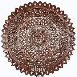 Large Round Carved Wood Floral Wall Art Panel. Rustic Home Decor Asian Inspired