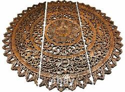 Large Round Carved Wood Floral Wall Art Panel. Rustic Home Decor Asian Inspired