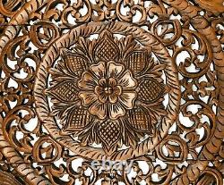 Large Round Carved Wood Floral Wall Art Panel. Rustic Home Decor Asian Inspired