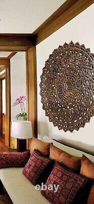 Large Round Carved Wood Floral Wall Art Panel. Rustic Home Decor Asian Inspired