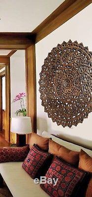 Large Round Lotus Carved Wood Floral Wall Art Panel. Wood Wall Home Decor. 36
