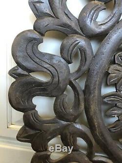 Large Round Wood Carved Floral Wall Art Home Decor Panel Bali Indonesia