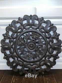 Large Round Wood Carved Floral Wall Art Home Decor Panel Bali Indonesia