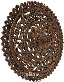 Large Round Wood Carved Floral Wall Art. Tropical Home Decor Wood Wall Panels. 24